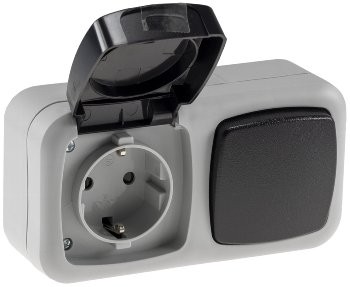 Feuchtraum Kombi-Schalter/Steckdose,IP44 - 250V~/ 10/16A, grau, AP horizontal
