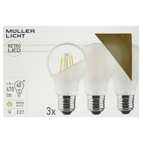 LED Filament Glühlampe, E27, 4W, 470lm, 2700K, warmweiß, matt, 3er Set