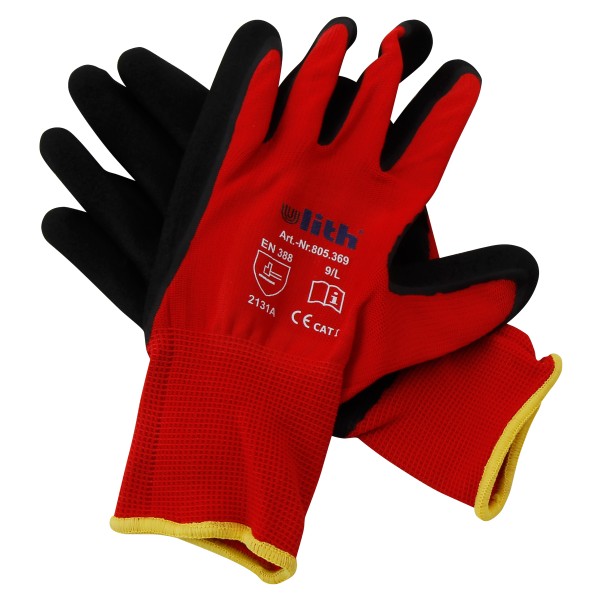 Montage-Feinstrickhandschuhe, Größe 10/XL, rot, 13G-Trägermaterial, Latex-Soft