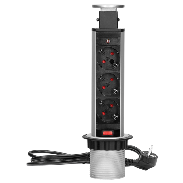 Tisch-Einbausteckdose,Turm Ø 6cm 3 fach, silber, 3600W