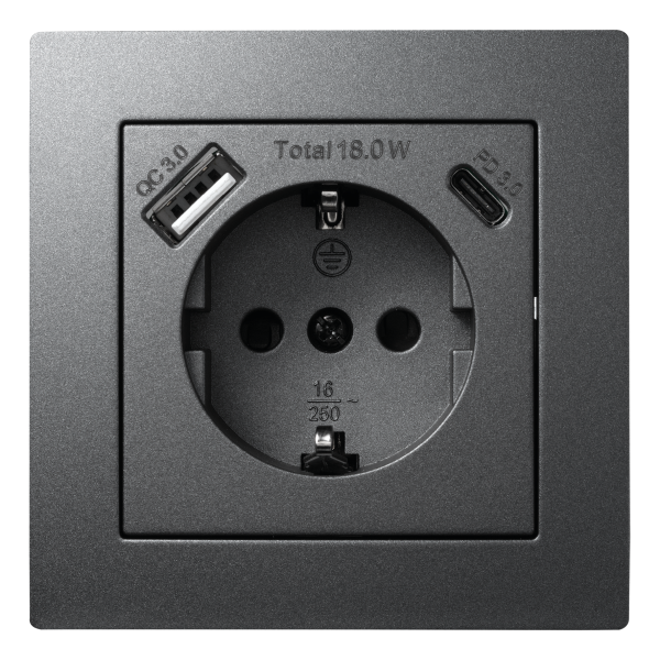 Schutzkontakt-Steckdose McPower ''Flair'' 1x USB-C 18W PD, 1x USB-A, anthrazit
